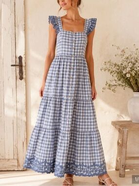 Shabby Chic Blue Gingham Midi Dress